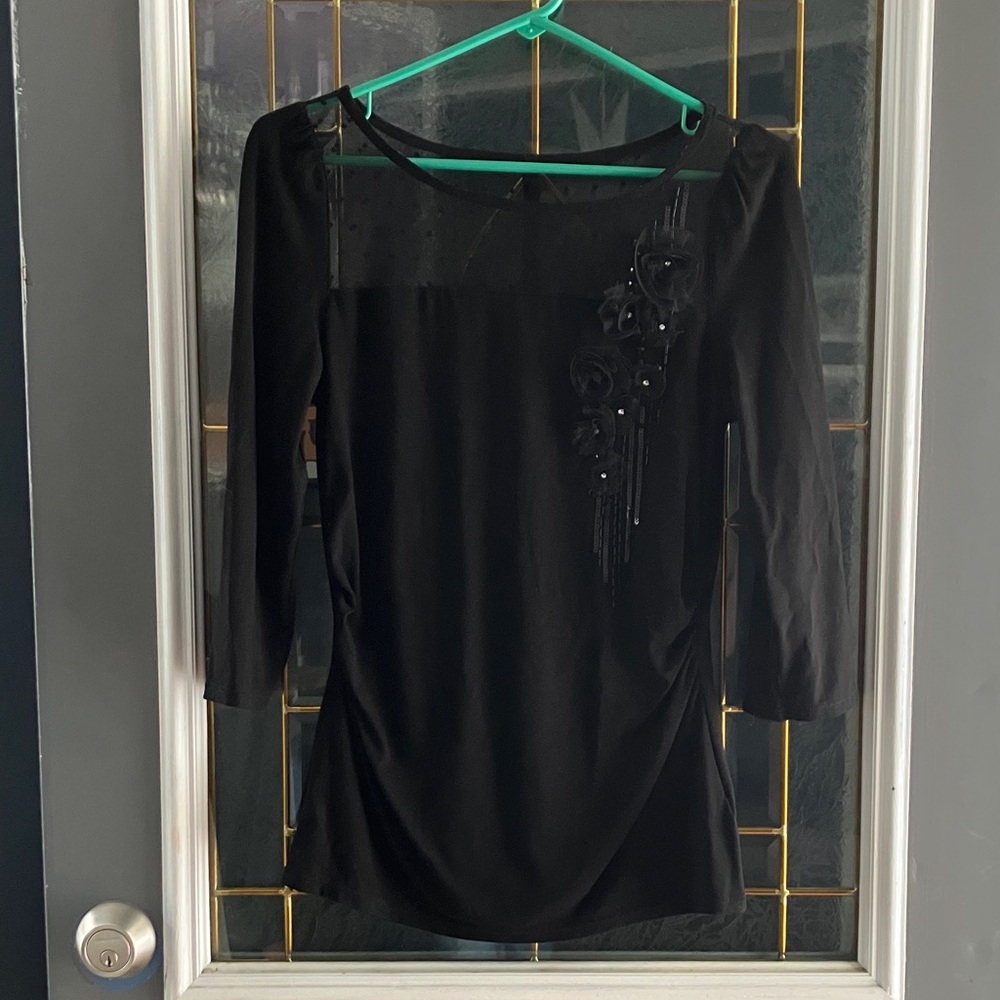White House Black Market Black Asymmetrical Dress with Floral Accents